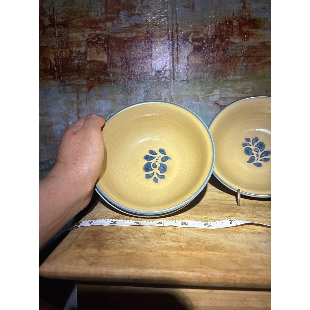 Pfaltzgraff FolkArt Stoneware Cereal Soup Bowls Set of 2Tan Blue Floral USA - Picture 2 of 3